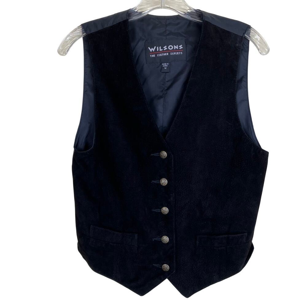 Wilsons Leather Wmns Vintage Black Suede Tuxedo Vest Button-up Tailored Retro